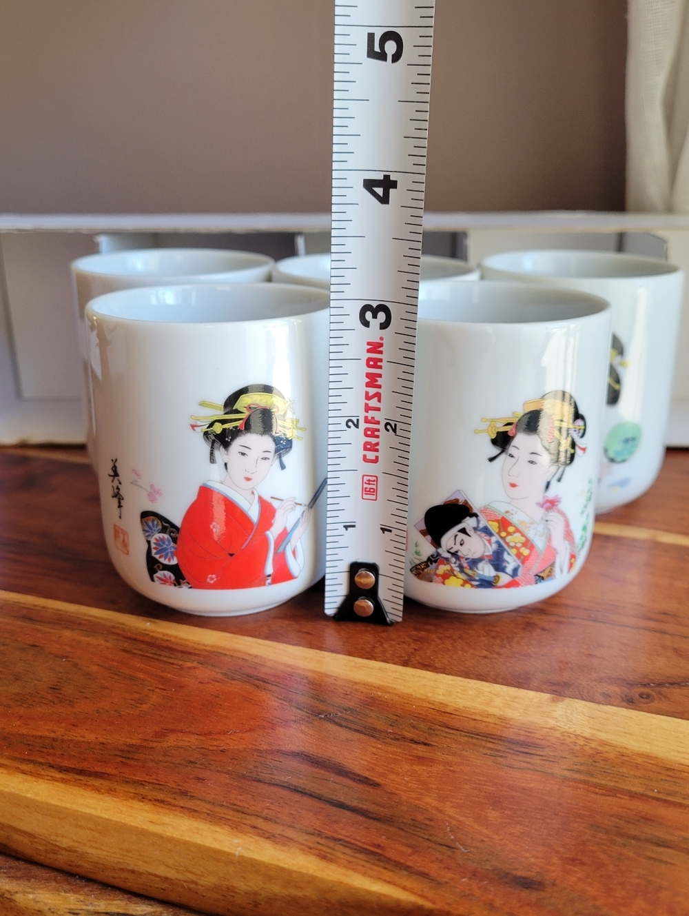 VTG Set of 5 Japanese Porcelain Geisha Sake Tea Cup Set in a Box Never Used OB - Picture 5 of 13